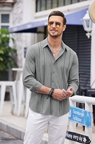 Coofandy masculino cubano guayabera camisa de botão casual camisetas camisetas de manga longa de linho de praia