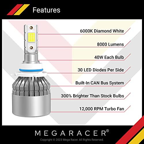 Mega Racer 9005 9006 LED BULS DE FARELTS COMBO - 6000K Diamond White, 12V 40W 8000 lúmens, lascas de LED, lâmpada de substituição automotiva da IP68 IP68 para viga baixa e viga alta, pacote de 4