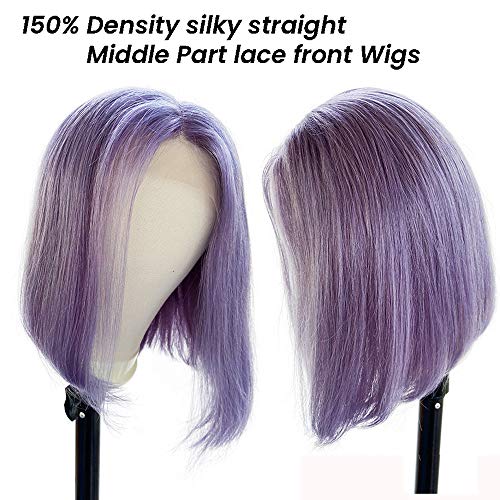 Lilac Bob Wigs 150% de densidade Virgem Human Human Human 13x1x6 Perucas dianteiras de renda Média Silky Straight For