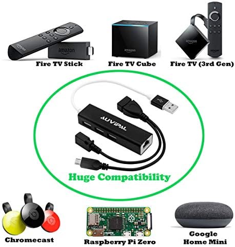 Adaptador Ethernet da LAN Auvipal com 3 portas Hub USB OTG para Fire Stick, Chromecast, Google Home Mini, Raspberry Pi