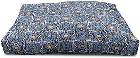 Lunarable Orient Wooden Pet House, Marrocos Culture Antigo Design de azulejos com estrela abstrata e motivos florais redondos, canil portátil portátil ao ar livre e coberta com travesseiro e capa, média, multicolorida