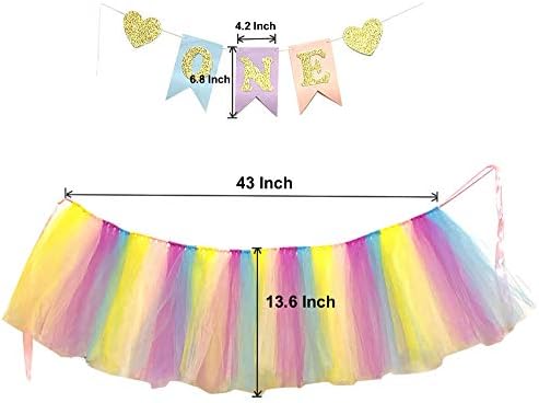 Rainbow 1st Birthday Girls Tutu para cadeira alta Tulle Highchair Decoration e um unicórnio de ginástica FELIZAÇÃO FELIZAÇÃO DE FELIZAÇÃO