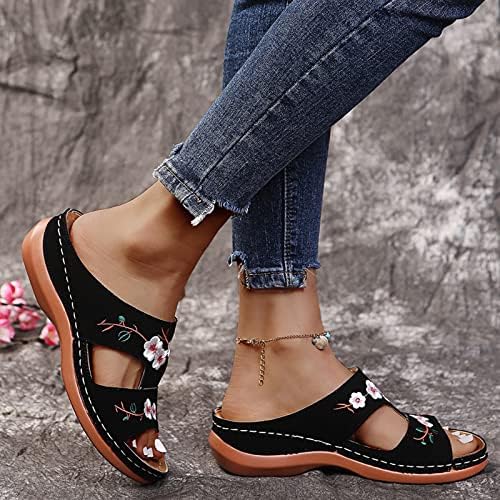 Fuas xijianas abertas femininas de sandálias Sapatos de dedo da praia Bordado Sandálias femininas de verão Sandálias