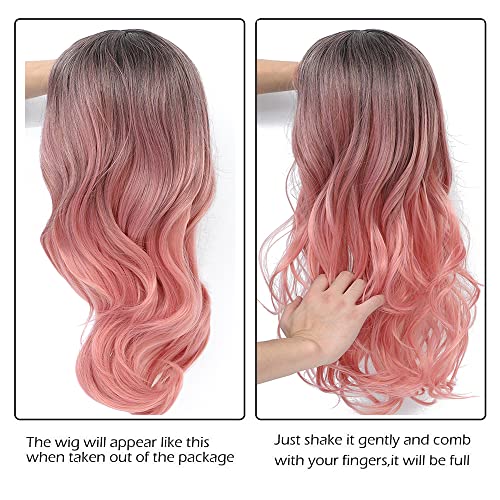 Peruca rosa veaee com franja perucas rosa para mulheres longas ombre rosa peruca rosa perucas onduladas resistentes ao calor