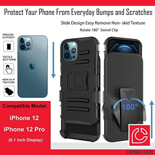 Ohiya Case Compatível com o iPhone 12 Pro [Proteção militar Proteção à prova de choque de choque para o coldre de kickstand protetor Tampa de caixa preta] para iPhone 12 Display de 6,1 polegadas