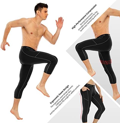 Runhit 3/4 calças de compressão masculina com bolsos, trepes de treino atlético Leggings Athletic Base Camada de roupas íntimas
