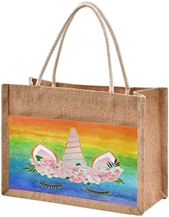 Bolsas Cataku Burlap com alças e zíper colorido Rainbow Unicorn Jute Tote Sacos de compras de praia com bolso de tela 12 x