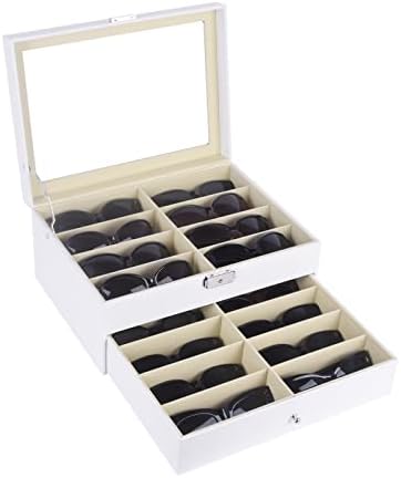 Autoark Leather 16 peças Óculos de armazenamento e óculos de sol Display Display Lockable Case Organizer, White, AW-151