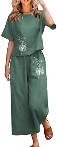 Conjuntos de linho para mulheres 2 peças, roupas de verão tops casuais de manga curta com roupas de suor de calças compridas conjuntos