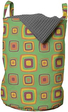 Bolsa de lavanderia geométrica de Ambesonne, design retrô de quadrados em tons de natureza, cesta de cesto com alças fechamento