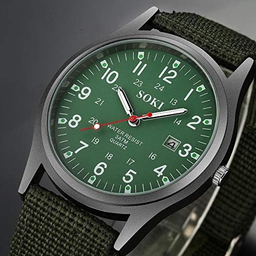 Jewelrywe Militar Green Dial Green Nylon Strap Quartz Calendar Wrist Watch Night Vision Luminous Watchwatch, para o Dia