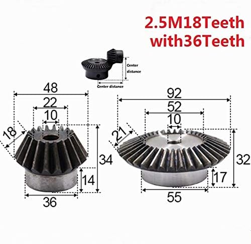 XMeifeits Industrial Gear 2pcs 1: 2 engrenagem chanfrada 2.5 módulo 18 dentes + 36 dentes Hole interno 10mm 90 graus de comutação de comutação de aço engrenagens de aço