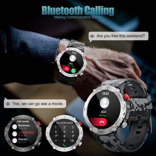 Filiekeu Bluetooth Call SmartWatch Men Touch Tela Screen Propertável Relógios Inteligentes Militares Man Silver Camouflage