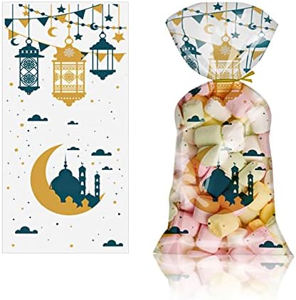 Aviski 150pcs Eid Mubarak Party Treat Bags, Sacos de presente de goma de presente de celofane do tema Ramadã com laços de torção