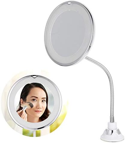 Espelho de maquiagem de ampliação de 10x com copo de sucção e espelho de banheiro leve LED