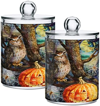 INNEWGOGO Halloween Owl Pumpkin 2 Pack Cotton Swab Ball Holder Dispensador Recipientes de armazenamento de plástico com tampas