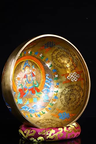 Coleção do templo tibetano Antigo bronze pintado de provérbios dos seis filhos Green Tara Buda Buda Bowl Bowl Bowl