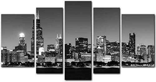 Visão de arte de parede de 5 peças do horizonte de Chicago à noite em lona emoldurada de tamanho grande, design moderno abstrato, decoração de sotaque de pintura costeira inspirada global