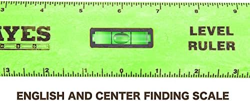 Mayes 10742 Regra do nível de poliestireno, ferramenta de nivelador de 12 polegadas, borda reta, fácil de ler medições de localização de centro, com frascos de prumo e nível, verde