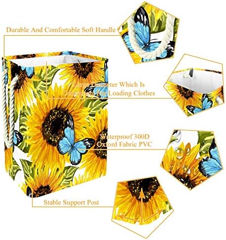 Homomer Sunflowers Butterflies azuis 300D Oxford PVC Roupas impermeáveis ​​cestas de roupas grandes para cobertores Toys de roupas no quarto