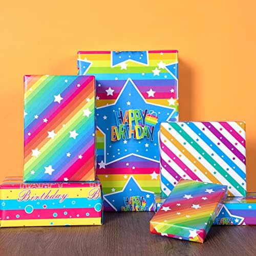 Plandrichw Rainbow embrulhando papel dobrado para crianças meninas de meninos aniversário com arco -íris listra listra feliz aniversário 4 desenhos para chá de bebê, festa, pré -corta 12 folhas cada 20 x29
