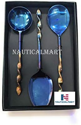 Conjunto de utensílios de porção de aço inoxidável - concha de sopa, colher de servir, macarrão que serve garfo - 3 peças, azul, lava