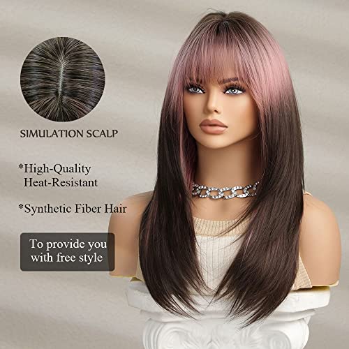 Peruca de ombre marrom rosa de oufei com franja longa perucas retas para mulheres perucas curtas perucas em camadas sintéticas