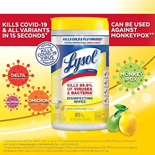 Limpos desinfetantes de Lysol, toalhetes de limpeza antibacterianos de várias superfícies, para desinfetar e limpar, limão e limão, contagem de 80