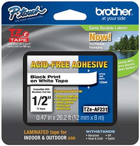 Brother Genuine P-Touch Tze-AF231 Fita, fita laminada adesiva sem ácido de 1/2 , preto em branco, seguro para fotografia ou