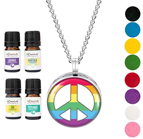 Wild Essentials Rainbow Peace Indicador de petróleo essencial colar de colar de pendente de aromaterapia, cadeia de aço inoxidável de 24 , almofadas de recarga e óleos puros