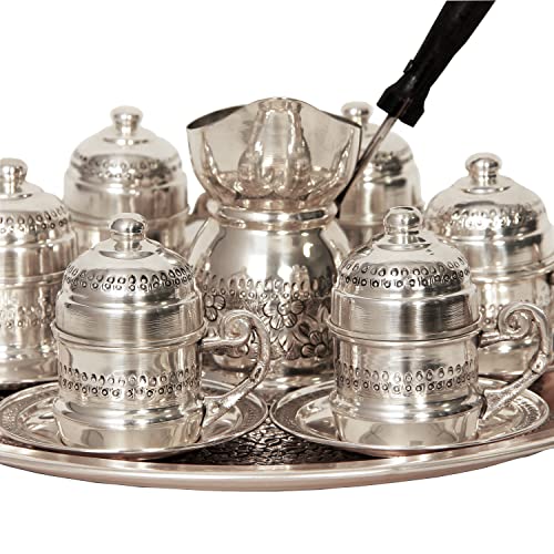 Conjunto de porções de café e café expresso turco de 6, cobre banhado a prata, artesanal, design elegante tradicional.