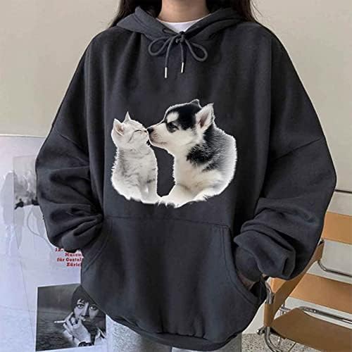 Mulheres Capuz de cordão de gato fofo gato e moletons gráficos de cães de manga longa tops minimalistas casuais