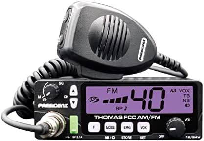Presidente Electronics Thomas FCC 40 canais AM/FM Radio, Black; 12/24 V, seletor de canal para cima/para baixo, ajuste de volume, squelch manual e ASC, exibição de Multi-Funções LCD, interruptor de modo AM/FM