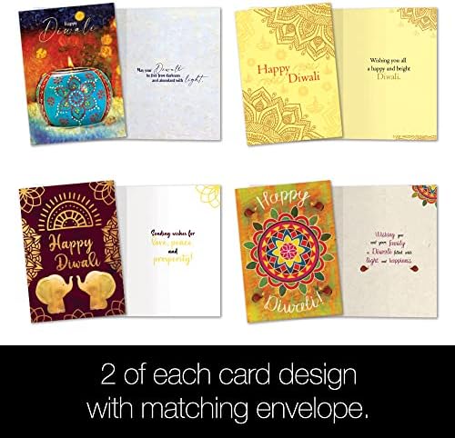 Saudações sem árvores Diwali 8 Card Card Pack, Eco Friendly, Made in USA, papel reciclado, 5 x7, luzes de diwali, multi
