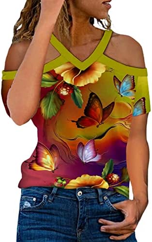 Camiseta espacial feminino v pescoço pendurado no pescoço camiseta moda impressão digital Tops de manga curta camisa de seda