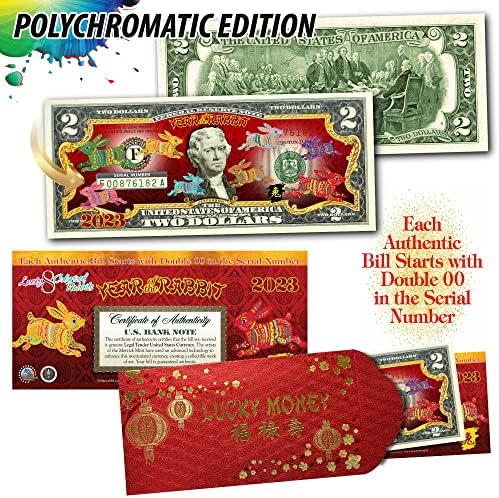 Merrick Mint 2023 Lunar Chinês Ano Novo do Rabbit Policroma com envelope vermelho colorizou dois dólares do Federal Reserve Note