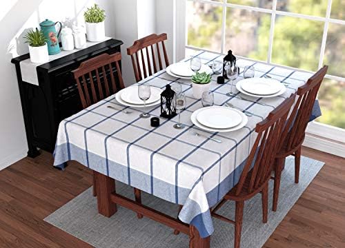 Toca de mesa de casas de Encasa 60 x 84 polegadas Mesa de jantar central - cheques azuis - tecido ECOTONATE HOMESPUN, lavável,