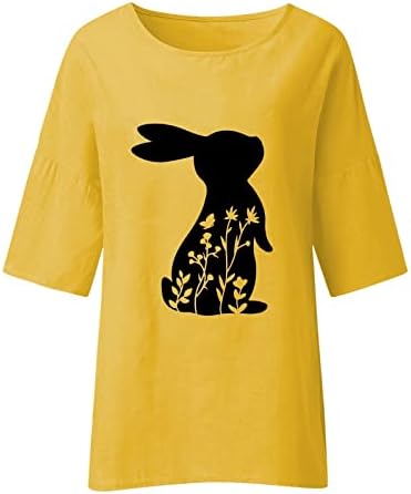 Camiseta de manga curta feminina feminina de páscoa 3 de 4 manga de manga rablo de coelho padrões engraçados
