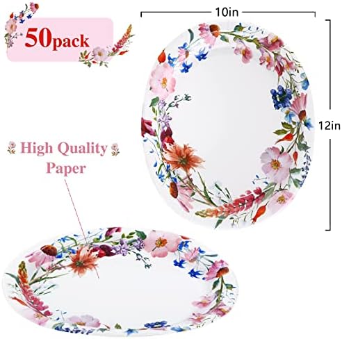 Boocikey 50pcs primavera de papel oval floral material de festa 10 × 12 em pratos ovais grandes pratos de chá de festa em massa para o dia das mães férias de primavera