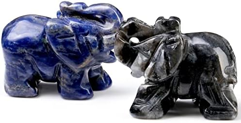 Duqguho 2pcs Cristais de cura pedras decoração de elefante preto labradororito azul sodalite cristal elefante natural estátua de pedras preciosas de círculos de cristal