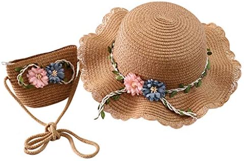 Capéu de sol de palha do chá de meninas com um conjunto de bolsas de ombro para crianças girassol no verão de praia boné largo tampa de proteção UV chapéu