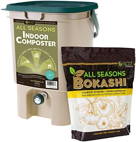 All Seasons Kit iniciante com compostos internos - lixo de compostagem de 5 galões para bancada de cozinha com tampa, spigot e 1 galão