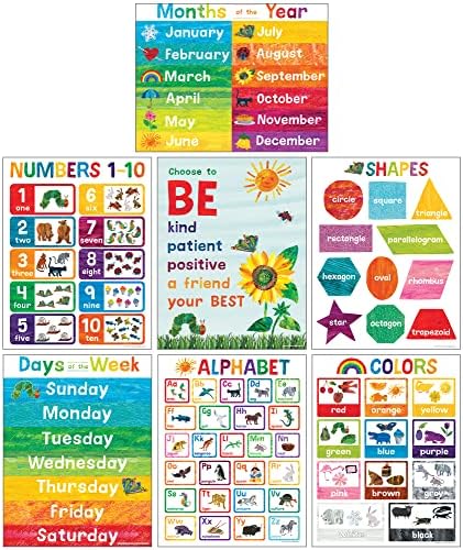O mundo do conjunto de pôsteres de aprendizado precoce de Eric Carle, formas coloridas, cores, alfabeto, números, dias da semana, meses do ano e pôsteres de sala de aula motivacionais, 17 x 22 polegadas