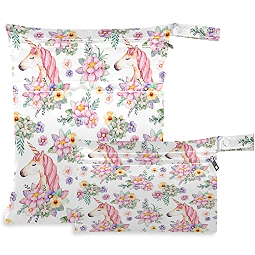 VISESUNNY BENDIDA DE UNICORN Pink Flower 2pcs bolsa molhada com bolsos com zíper Bolsa de fraldas lagartas laváveis ​​para viajar,