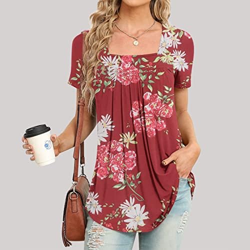 Camiseta de brunch para mulheres outono de verão de manga curta pescoço de algodão de algodão, camiseta gráfica floral