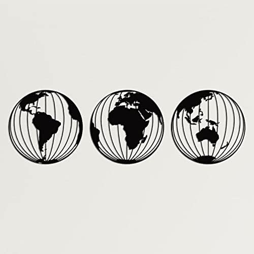 Arte da parede do mapa do mundo do metal, 3 globos de mapas mundiais de metal, decoração de parede de metal, decoração