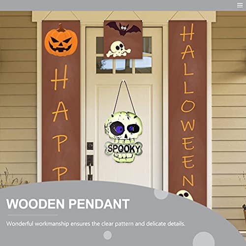 Pretyzoom House Ornamentos de Halloween Placa de madeira pendurada horrível esqueleto de esqueleto Cabeça Ghost Sinal de madeira