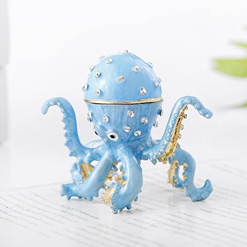 Ingbear Blue Octopus estatueta caixas de bugigangas articuladas, presente único para o Dia das Mães, caixa de jóias esmaltadas