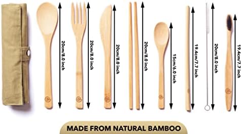 Utensílios de bambu de 2 pacote Greenzla | Com escovas de dentes bônus 2 de bambu | Palha natural de bambu, colher, garfo, faca, colher de chá, pauzinhos, escova e 2 sacos de armazenamento | Conjunto de talheres de bambu reutilizável