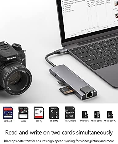 Adaptador de Mulitiport de Hub USB C, cubo 9 em 1 com 1 Gbps Ethernet, 4K@30Hz HDMI, entrega de energia 100W, 2 USB 3.0, slots de cartão SD/TF, Jack de 3,5 mm, dados USB-C3.0, para MacBook Pro/ Air iPad Pro M1/M2, Chromebook